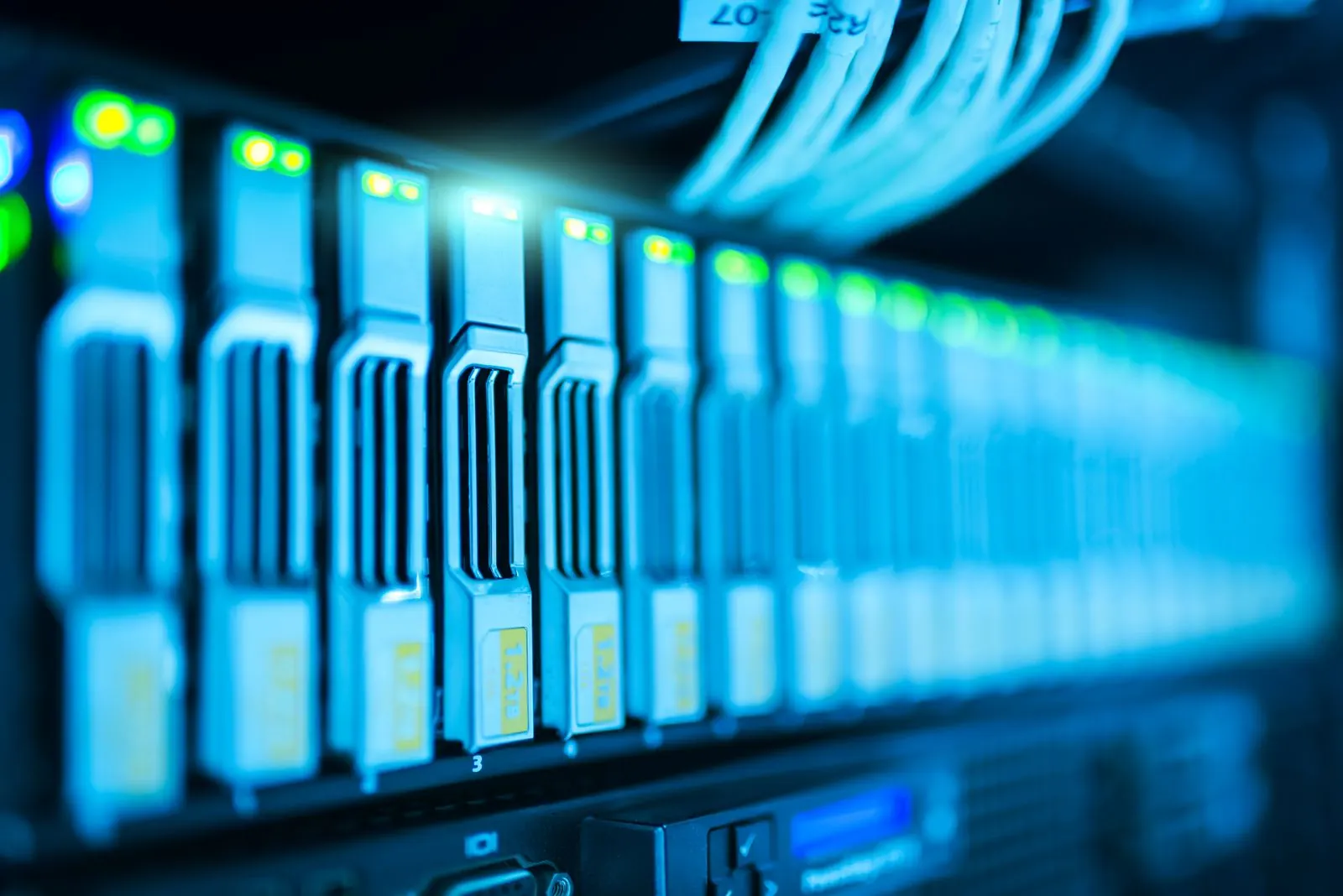 Server racks lit in blue